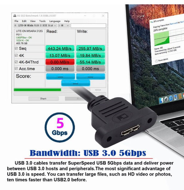 Micro B Male to Micro B Female Screw Mount Extension Cable 5Gbps