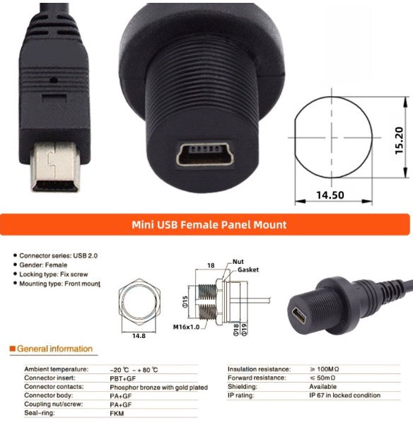 Mini USB 2.0 5Pin Male to Female Extension Data Power Cable 1m