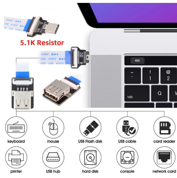 USB C Male Host to USB 2.0 Female Target Data OTG Flat Slim FPC Cable