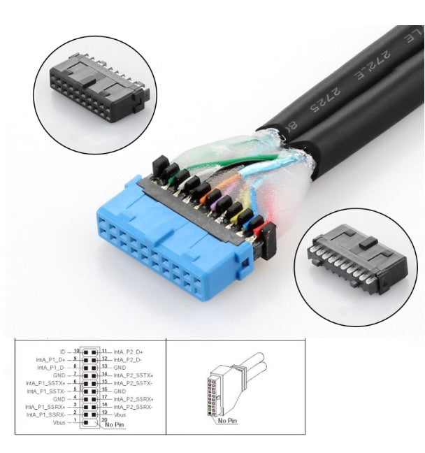 20Pin Header to USB 3.0 Dual Ports Female Screw Mount Cable - Right Angle