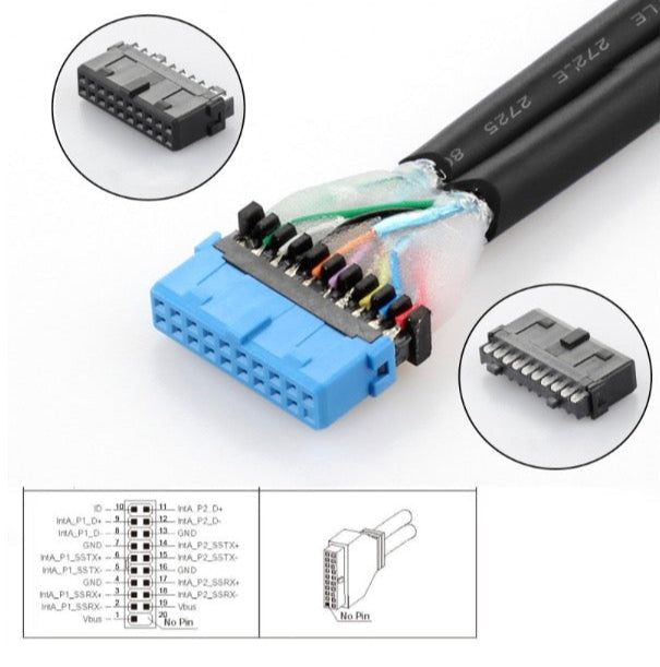 20Pin Header to USB 3.0 Dual Ports Female Screw Mount Cable - Down Angle