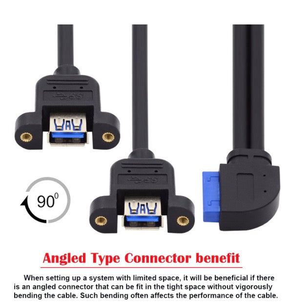 20Pin Header to USB 3.0 Dual Ports Female Screw Mount Cable - Right Angle