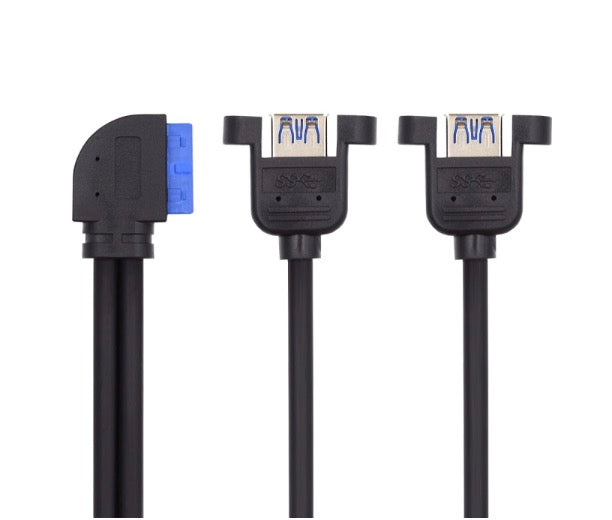 20Pin Header to USB 3.0 Dual Ports Female Screw Mount Cable - Left Angle