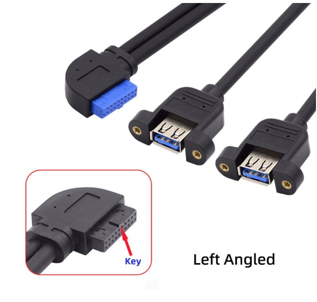 20Pin Header to USB 3.0 Dual Ports Female Screw Mount Cable - Left Angle