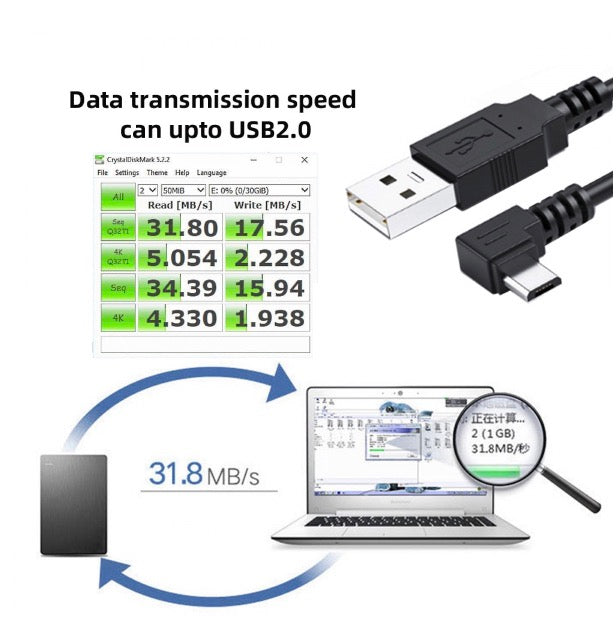 Micro USB 5 Pin to USB 2.0 A Data Charge Cable - Right Angle