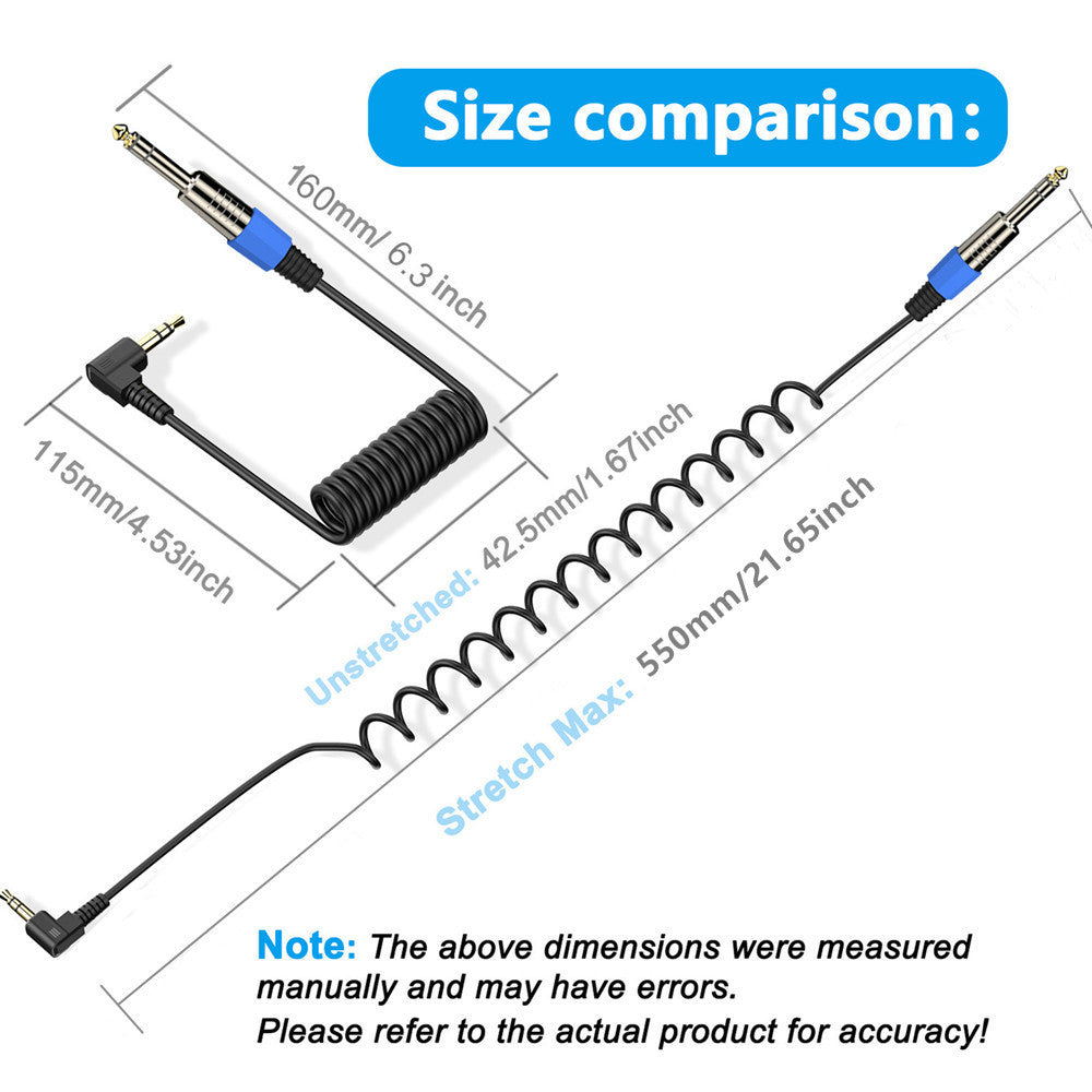 6.5mm to 3.5mm Stereo Cable, 1/8 to 1/4 Elbow Guitar Loudspeaker Coiled Audio Connector