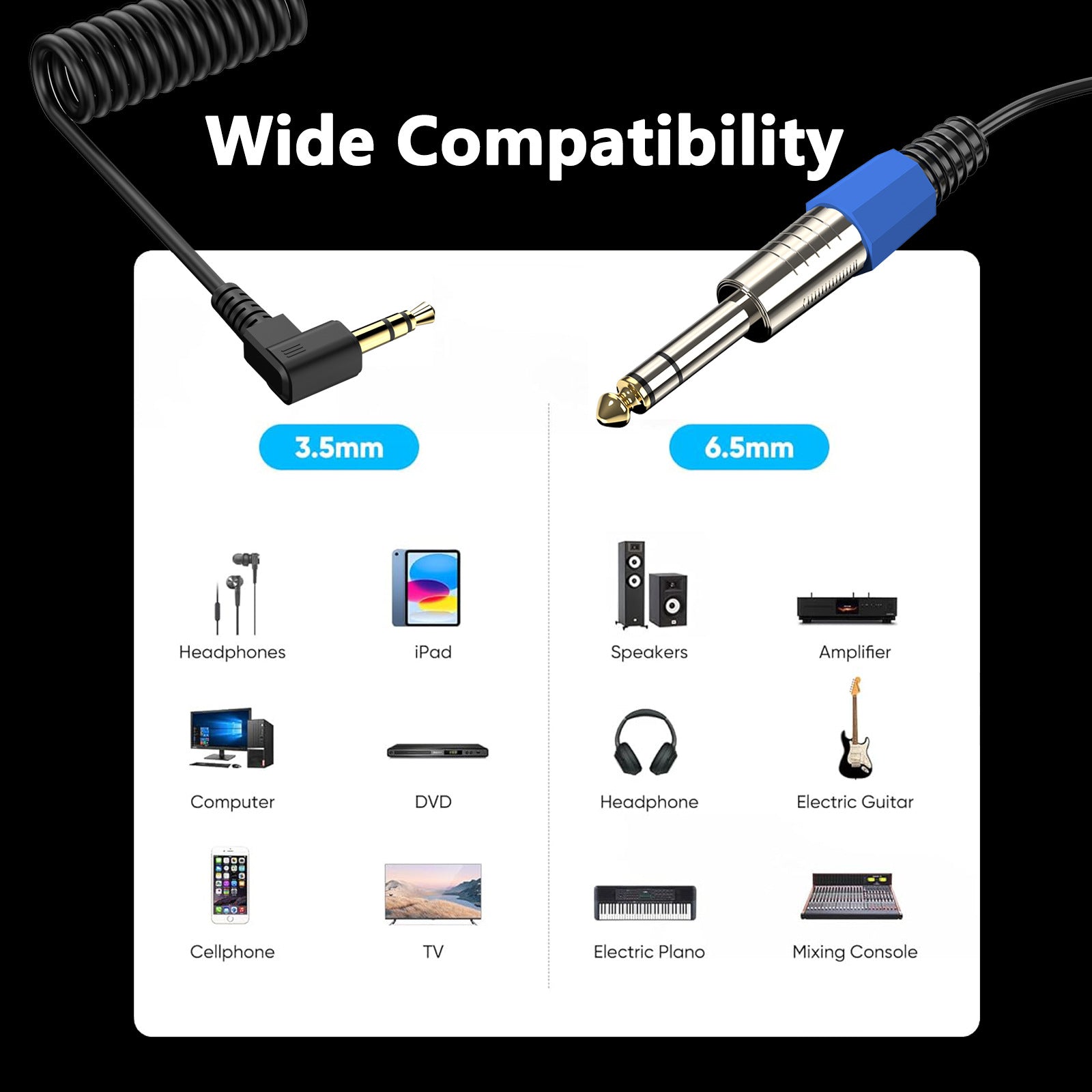 6.5mm to 3.5mm Stereo Cable, 1/8 to 1/4 Elbow Guitar Loudspeaker Coiled Audio Connector