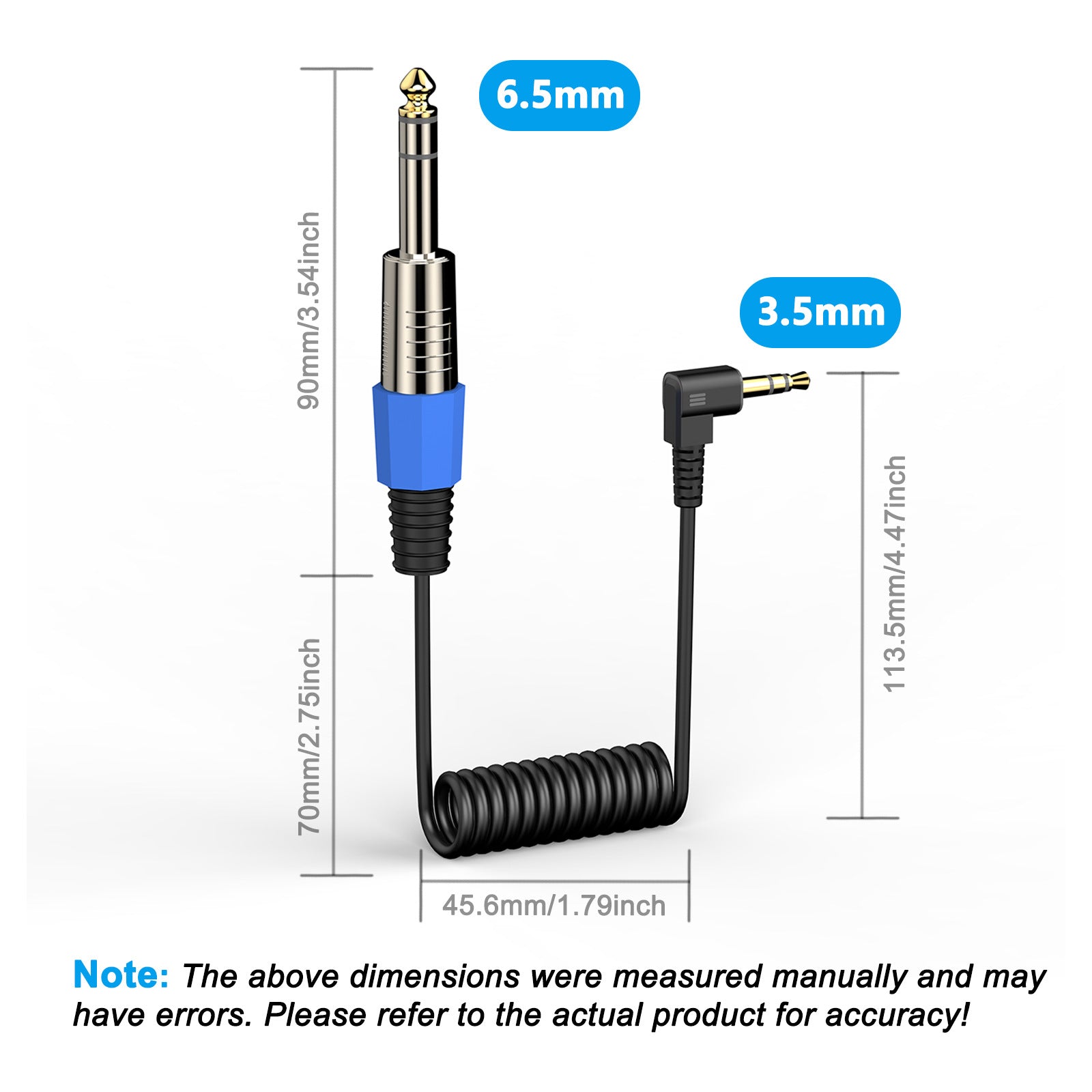 6.5mm to 3.5mm Stereo Cable, 1/8 to 1/4 Elbow Guitar Loudspeaker Coiled Audio Connector