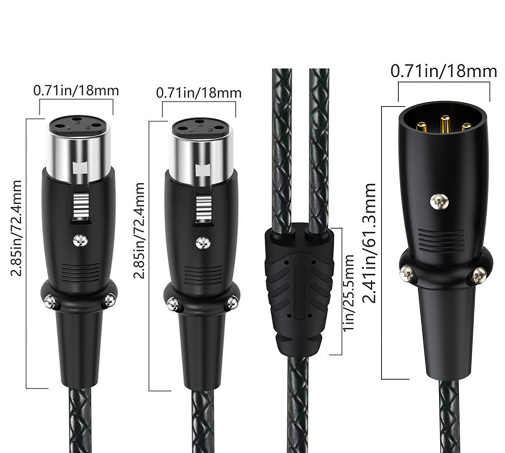 3 pin XLR splitter cable with XLR male to dual XLR female connectors and braided audio cable