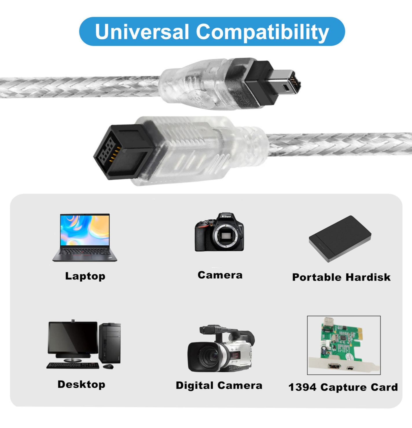 FireWire IEEE 1394B 9-Pin to 4-Pin Cable – Male to Male Data Transfer Cord for DV Camcorder, Digital Camera