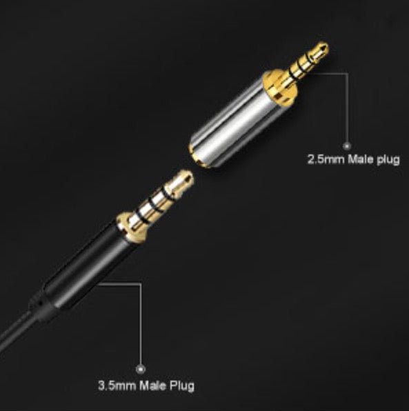 An image showing a 2.5mm male plug on one end and a 3.5mm male plug on the other, indicating a headphone audio adapter.