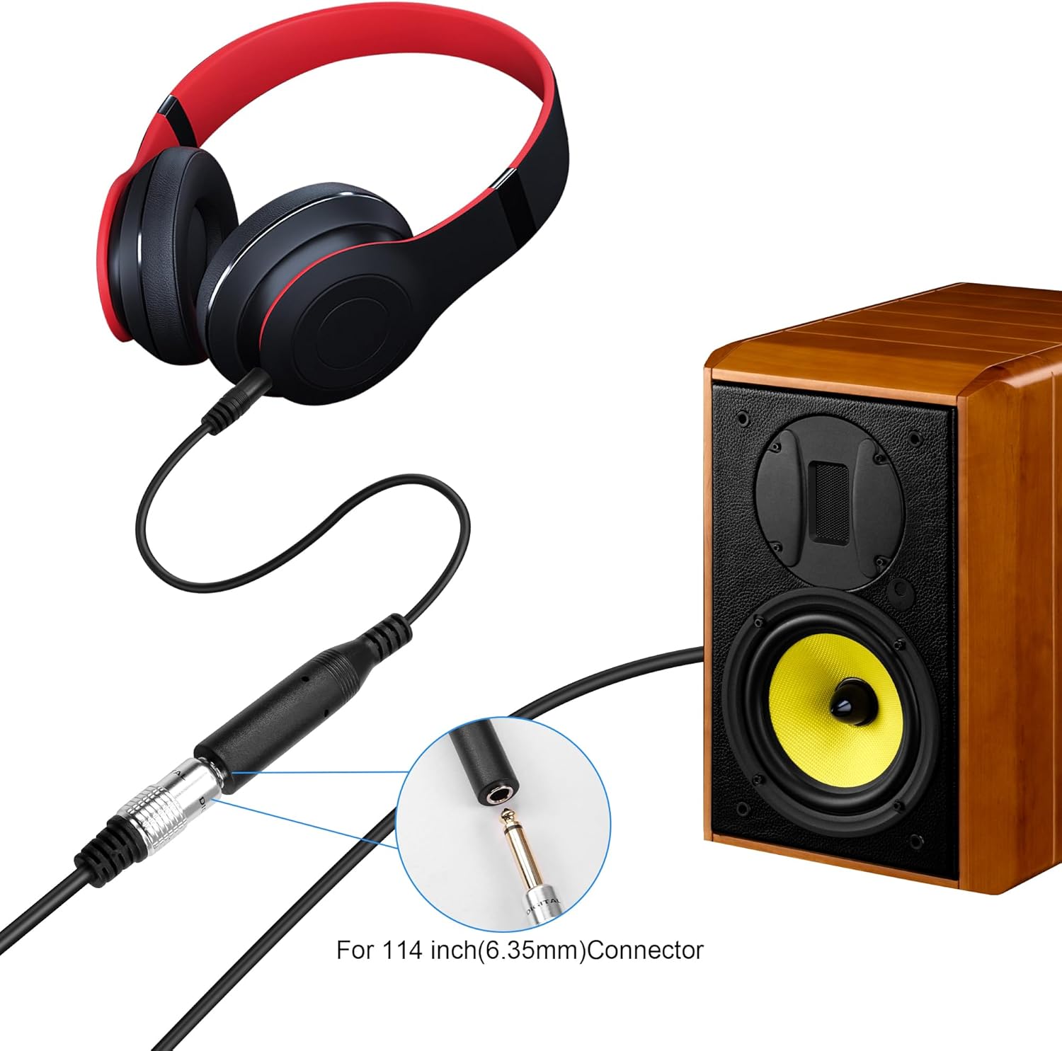 Headphones with a cable and a speaker on a white background