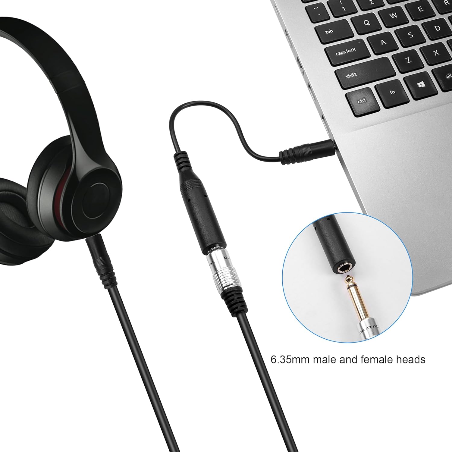 Headphones connected to a laptop with a close-up of the audio cable connector.