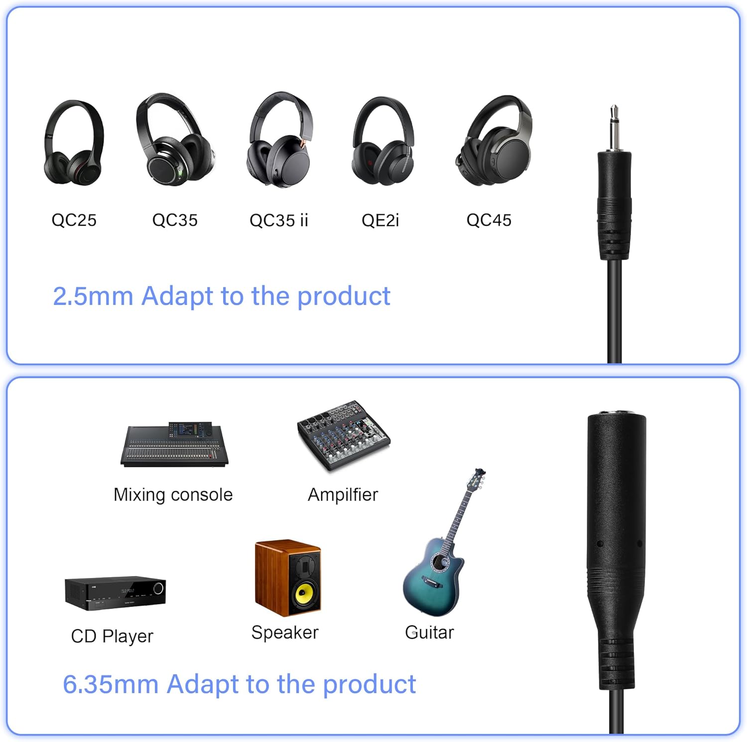 Collection of headphones and audio equipment with product names and cable types.