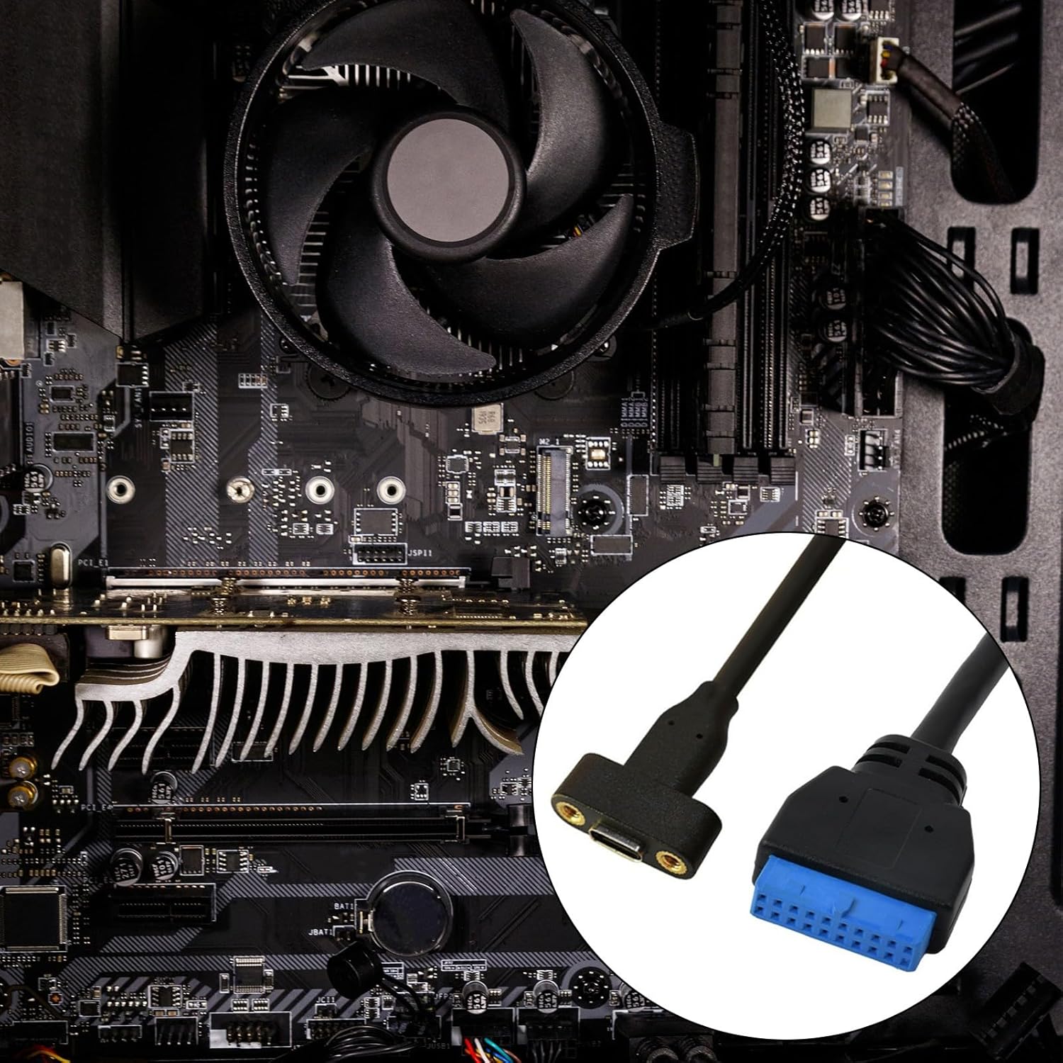 Computer motherboard with a close-up of a cable connector on a white background