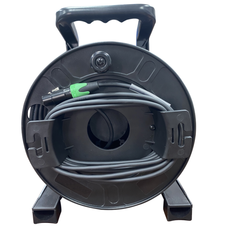 Black hose reel with coiled gray hose on a white background