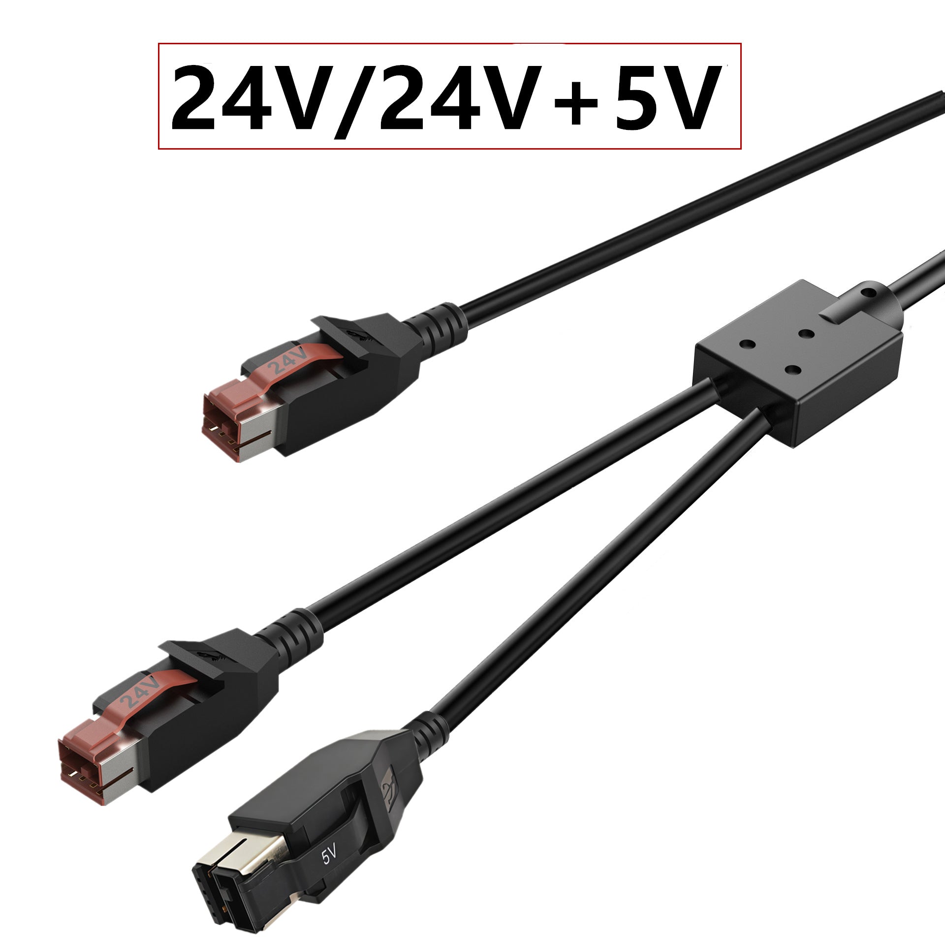 Black cable with connectors labeled 24V/24V + 5V on a white background
