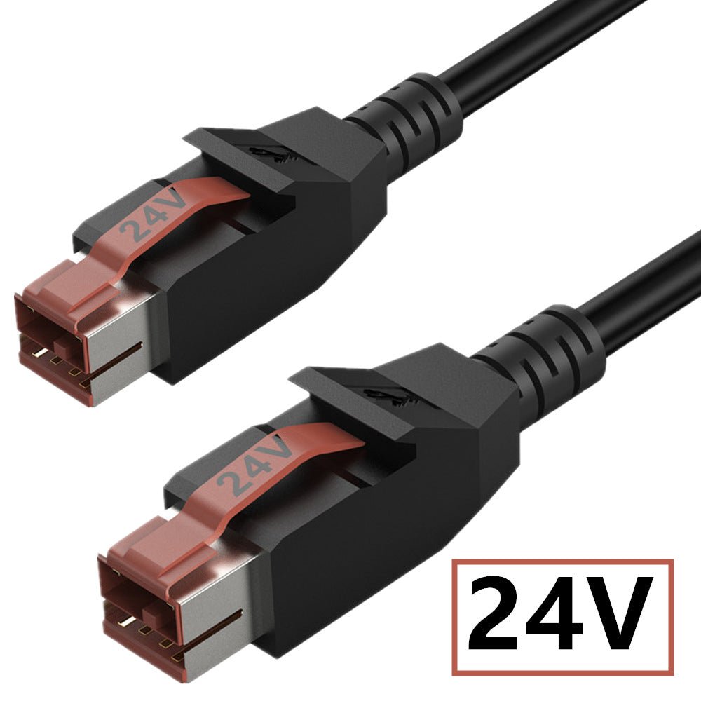 Two black cables with 24V labels on a white background