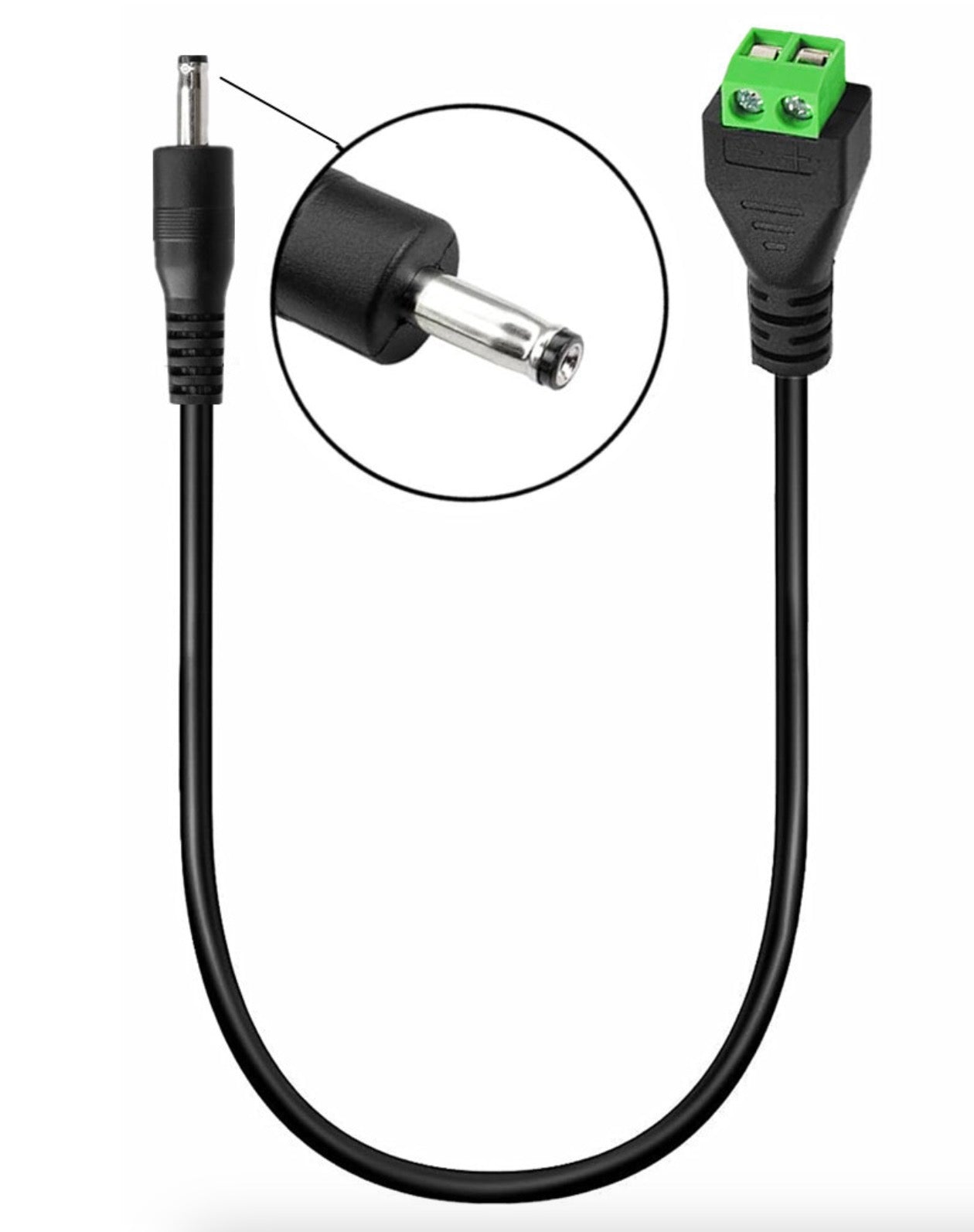 3.5mm x 1.35mm male DC power cable with screw terminal adapter for CCTV and LED power connections