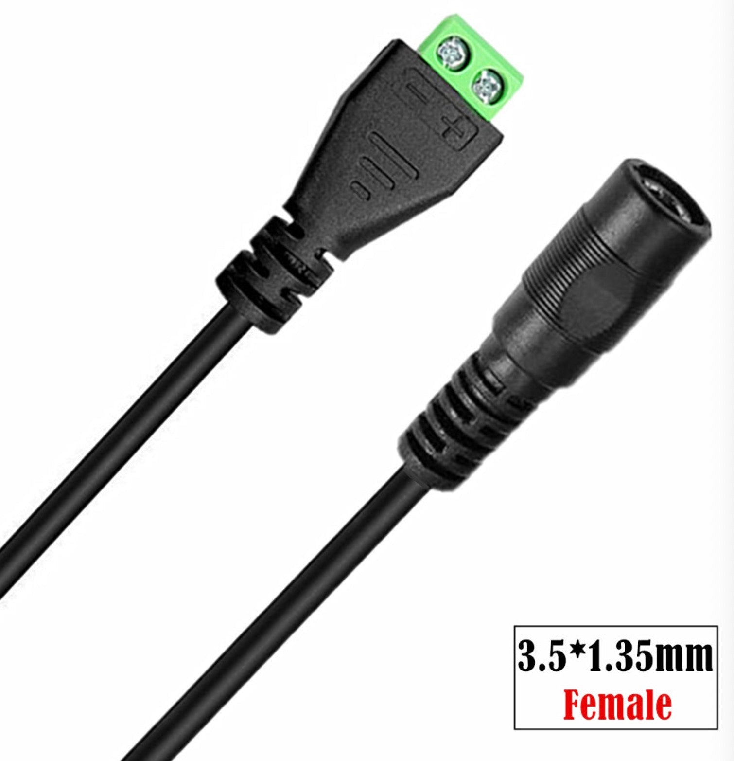 Close-up of 3.5mm x 1.35mm female DC power connector and terminal block adapter cable