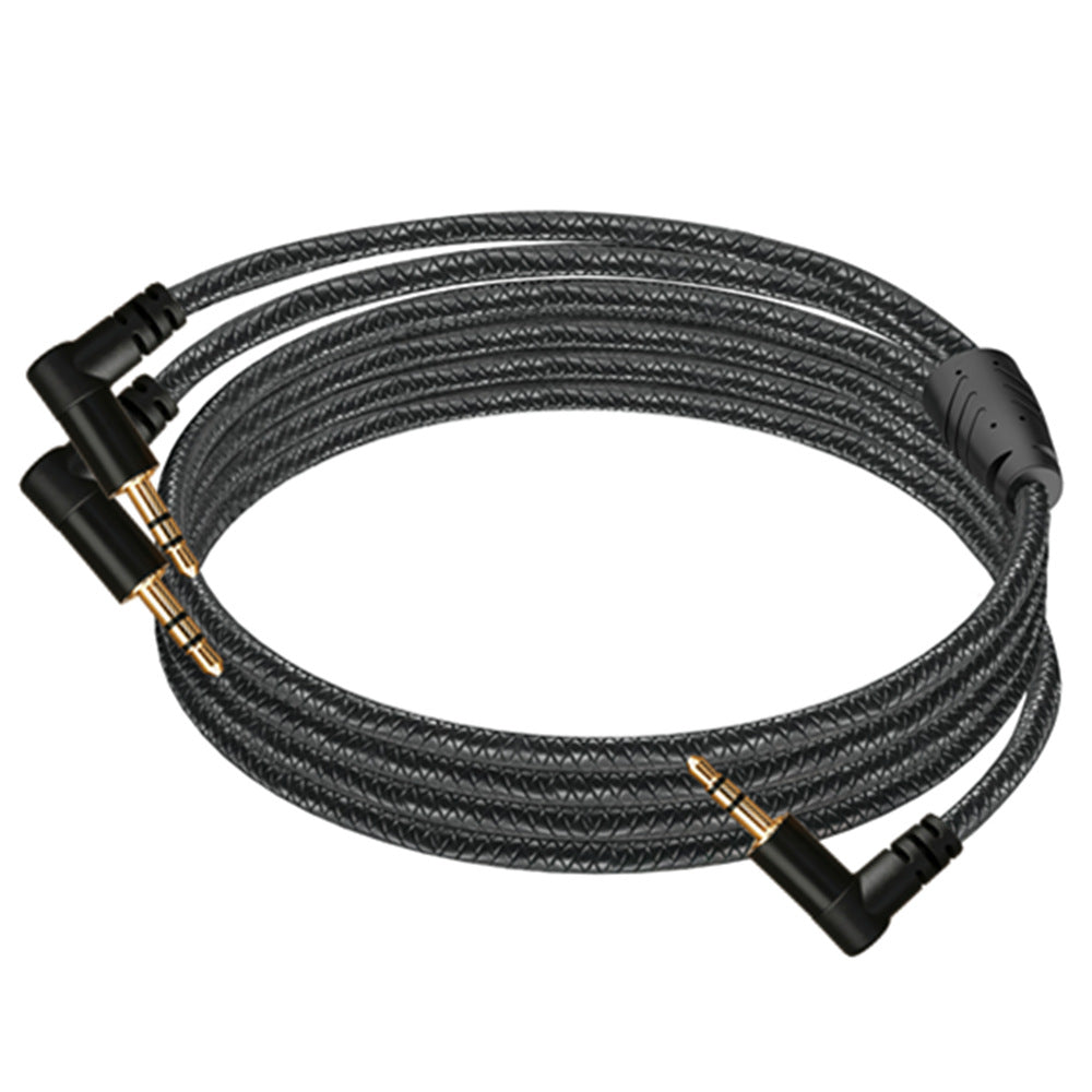 Black braided 3.5mm Y cable laid out to show one right-angle male plug branching into two right-angle male plugs