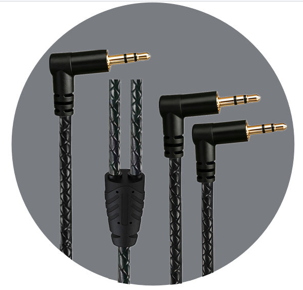 Close-up of three right-angle 3.5mm male plugs and a black braided Y cable junction 
