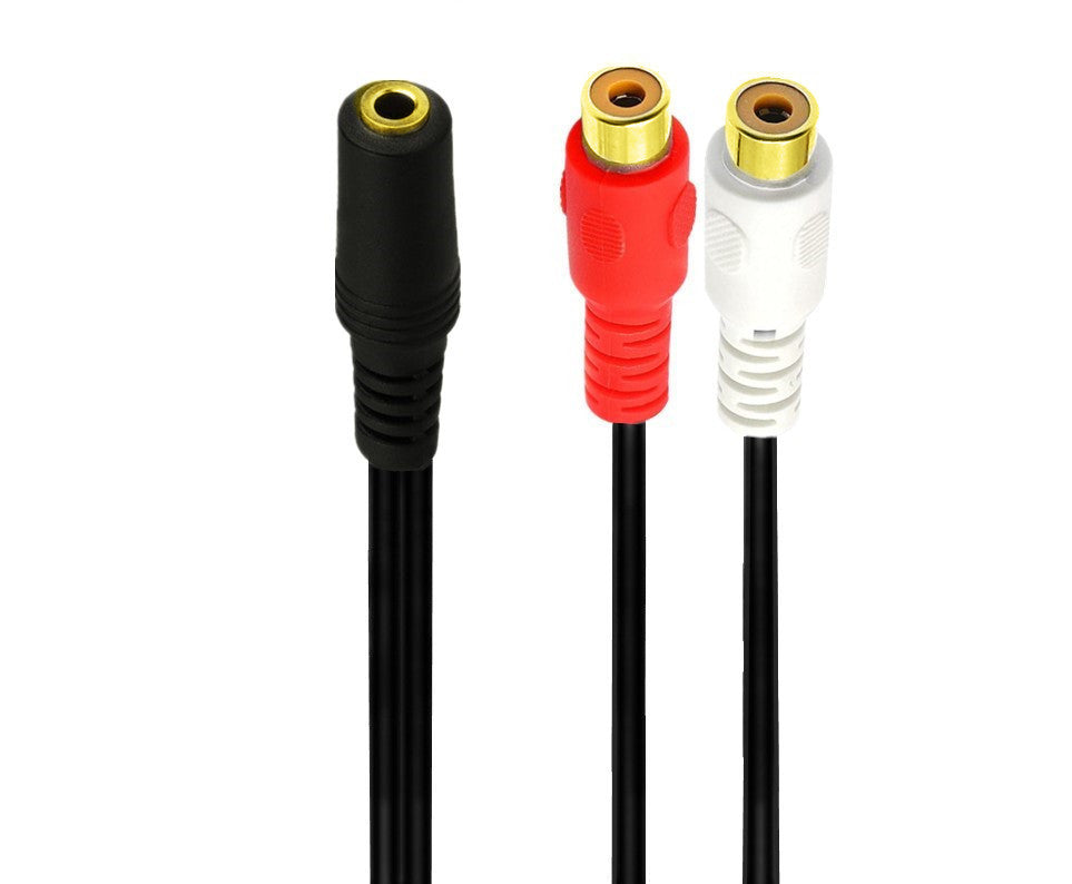 Close-up of the 3.5mm stereo female connector and dual RCA female sockets