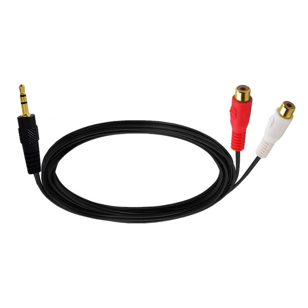 Close-up of the 3.5mm stereo male connector and dual RCA female sockets