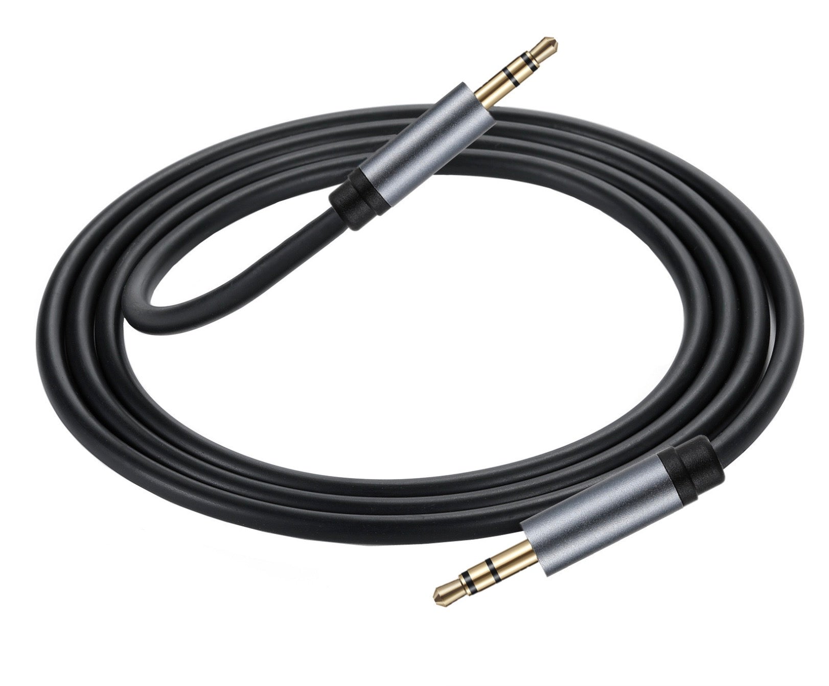 Coiled 3.5mm male to male audio cable with flexible black TPE jacket