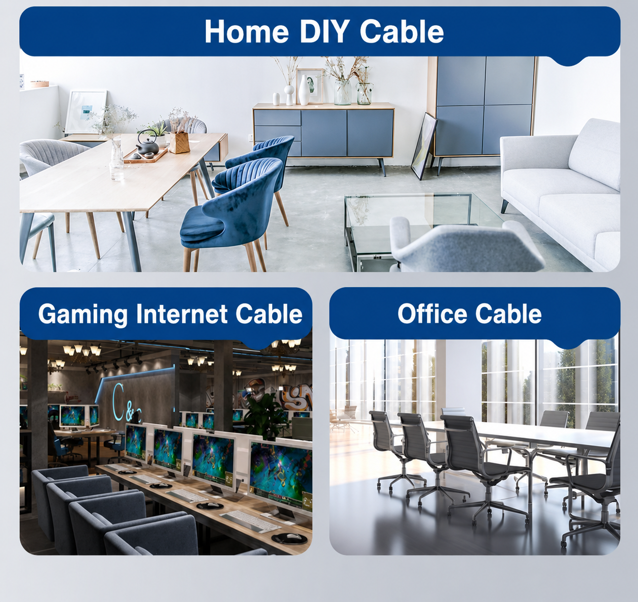 Collage of office, gaming, and home settings with labeled cable types.
