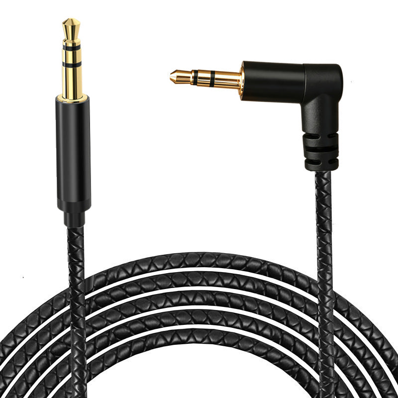 Black braided 3.5mm AUX cable arranged in a loop with one straight plug and one right-angle plug