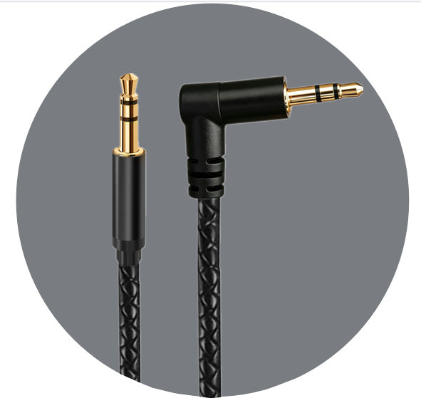 Angled close-up of a black AUX cable showing its straight male plug, right-angle male plug and braided exterior