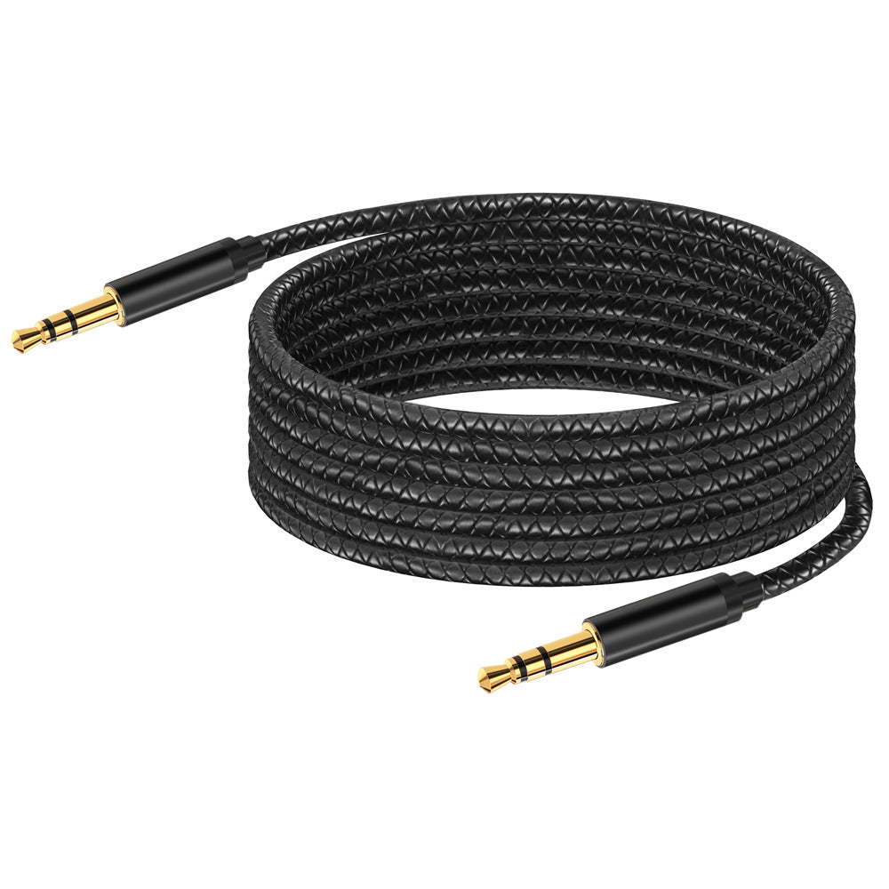 Coiled black braided 3.5mm AUX cable with straight male TRS connectors at both ends
