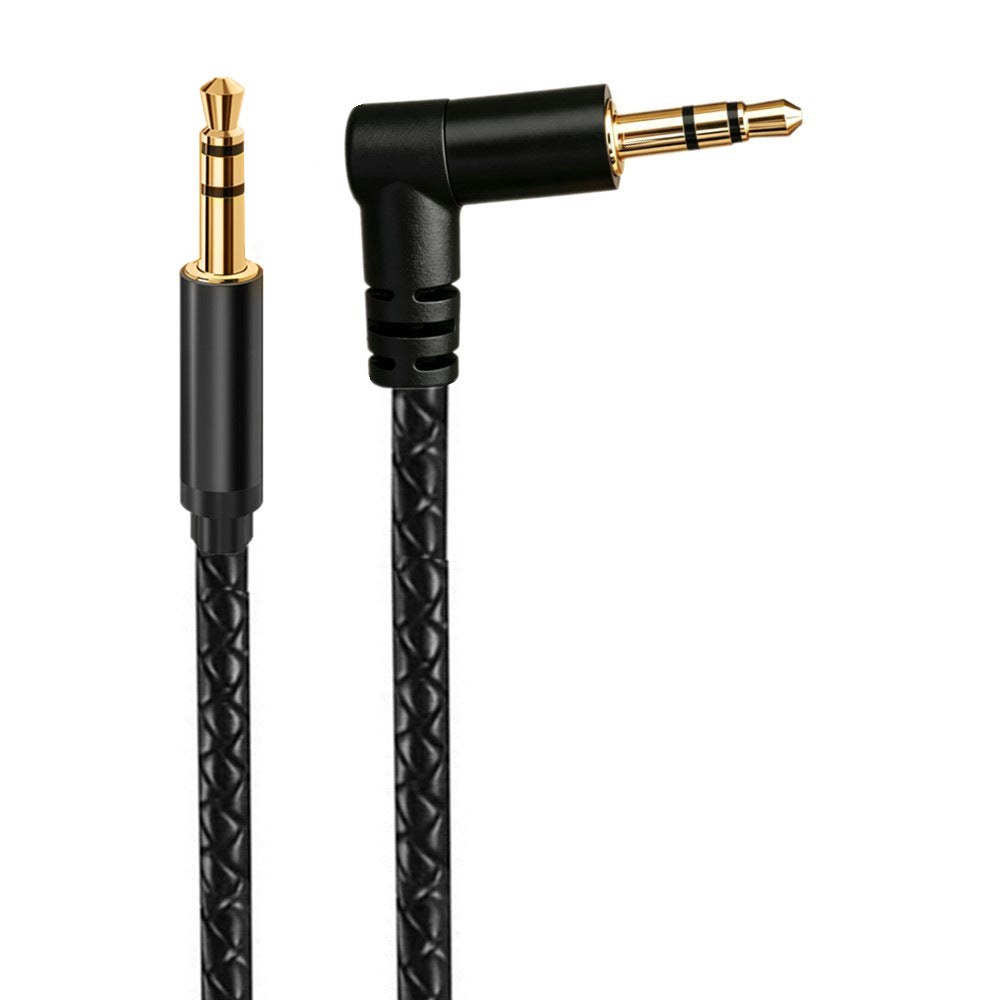 Close-up of straight and right-angle 3.5mm TRS male plugs on a black braided AUX cable