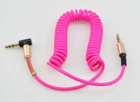 An orange coiled 3.5mm male to male audio cable with gold-plated connectors.