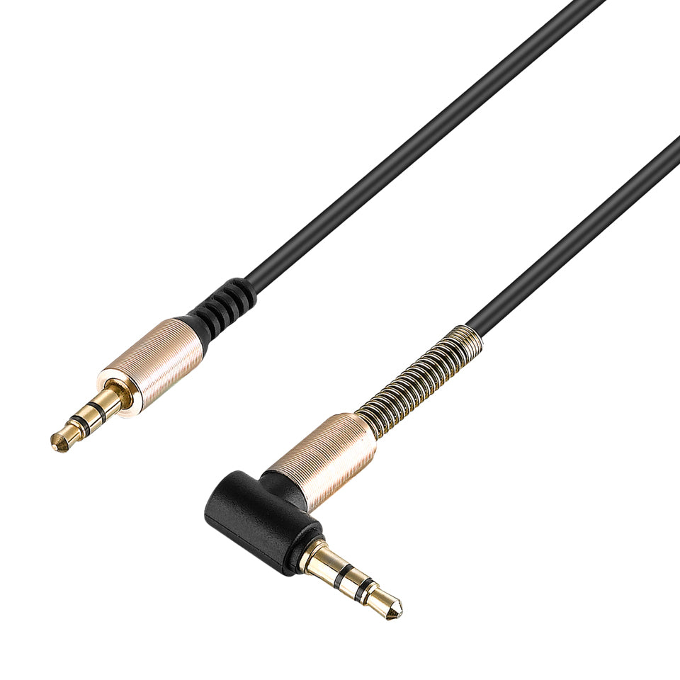 A black 3.5mm 3-pole male to 3-pole TRS male coiled audio aux cable with gold-plated connectors.