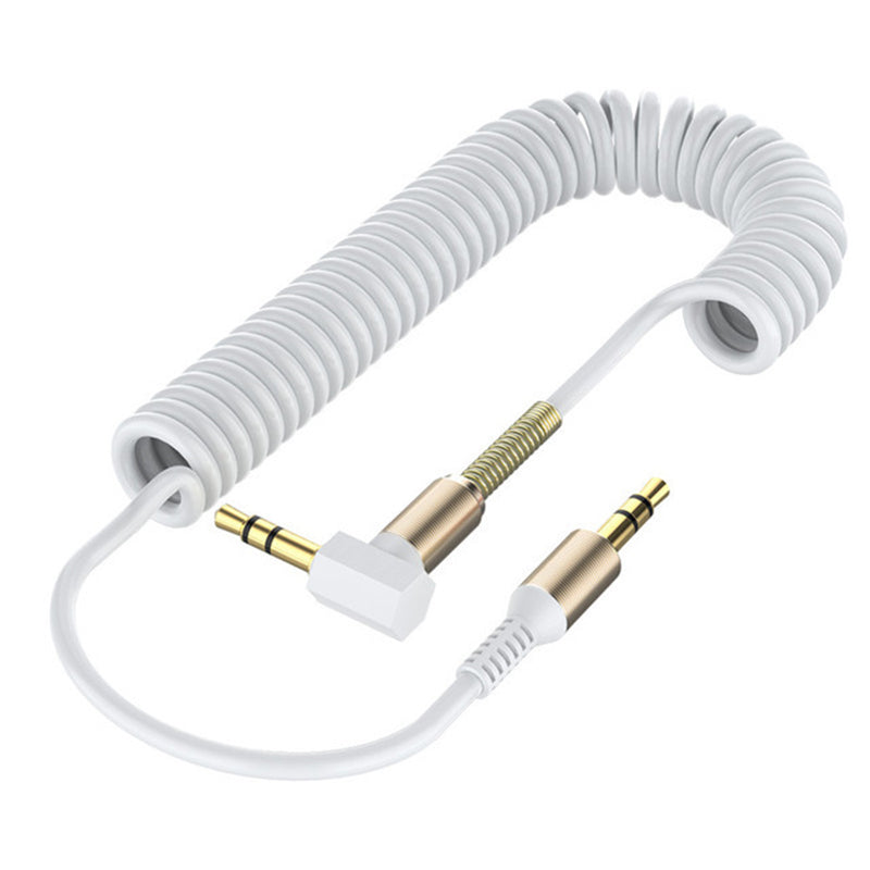 An orange coiled 3.5mm male to male audio cable with gold-plated connectors.