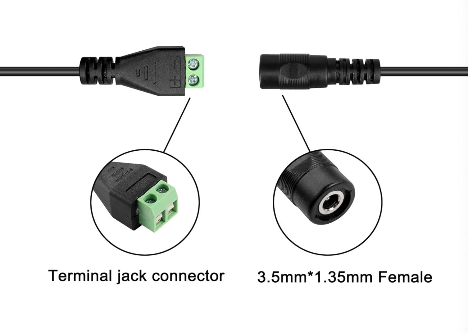 3.5mm x 1.35mm female DC power connector dimensions and technical specification diagram