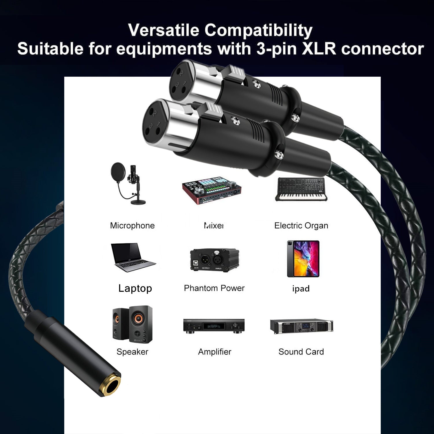 3-pin XLR cable with compatibility icons for various electronic devices on a white background.