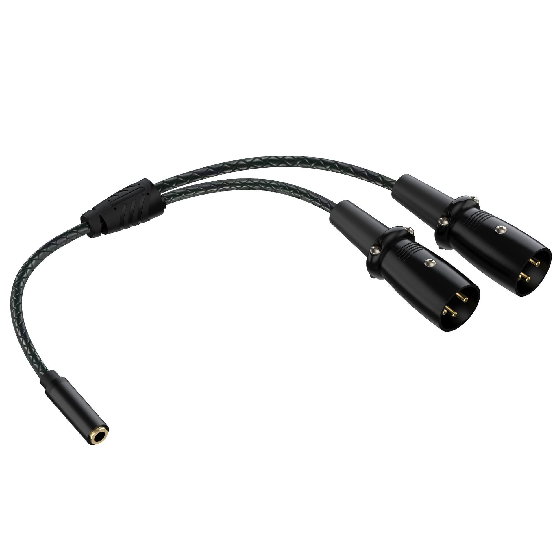 Black audio cable with two connectors on a white background