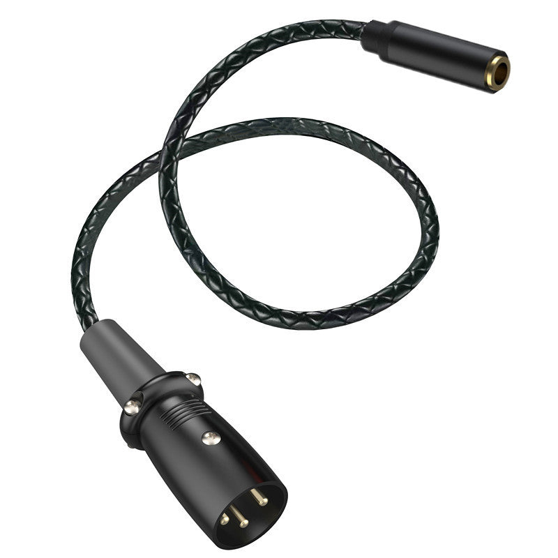 Black audio cable with XLR connector on a white background