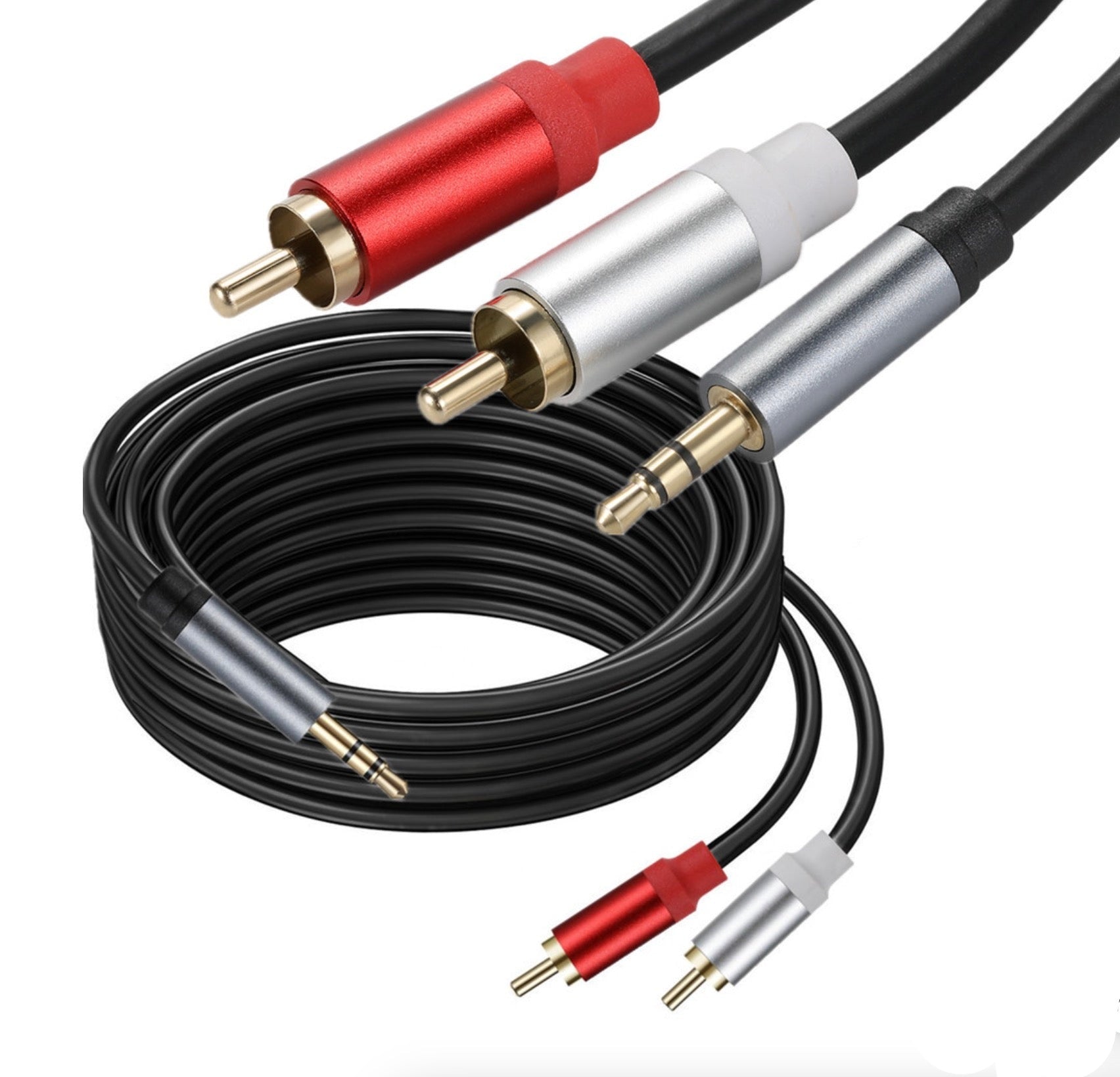 Detailed view of 3.5mm stereo jack and RCA phono male audio cable connectors