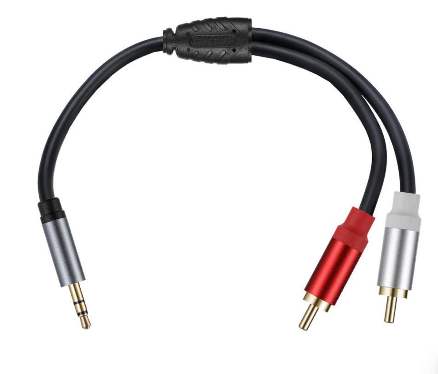 3.5mm male stereo jack to dual RCA phono male audio cable showing complete cable assembly