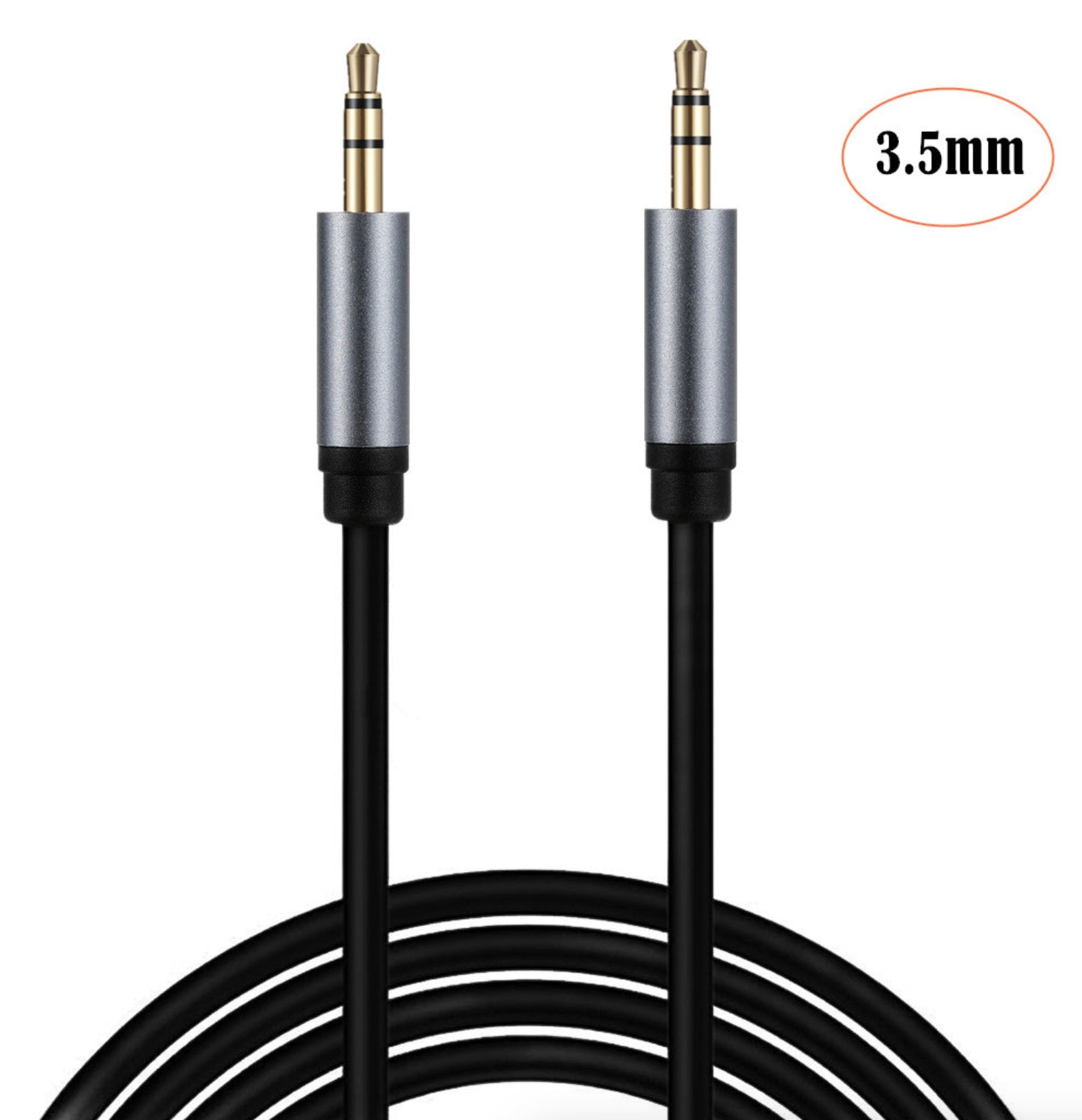 3.5mm stereo AUX cable showing connector dimensions and gold-plated plug construction