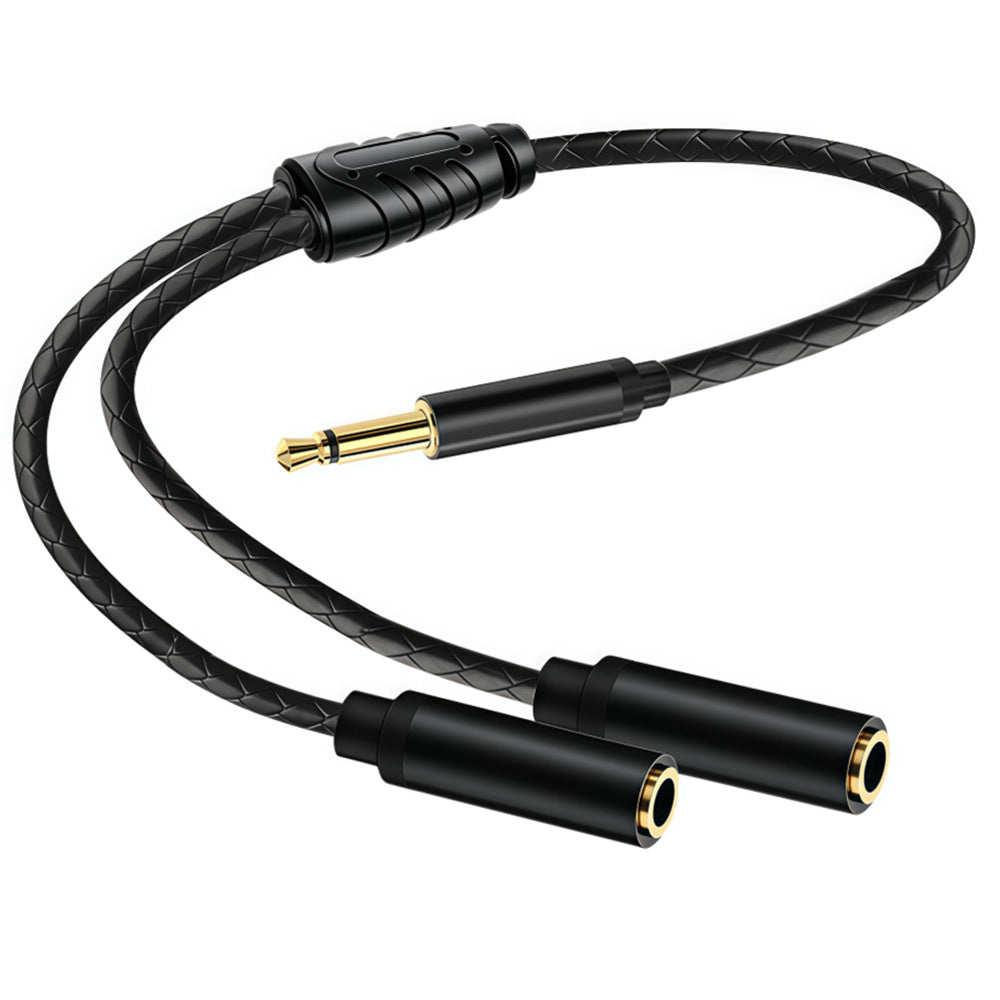 Black braided 0.3m Y audio cable laid out to show one 3.5mm mono male plug branching into two female sockets