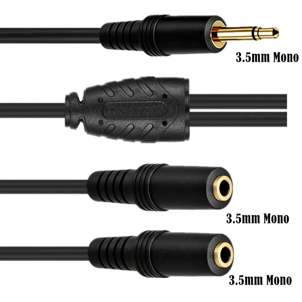 Black audio adapter cable showing male and female 3.5mm mono jack connectors with gold-plated tips, displayed on a white background with text labels.