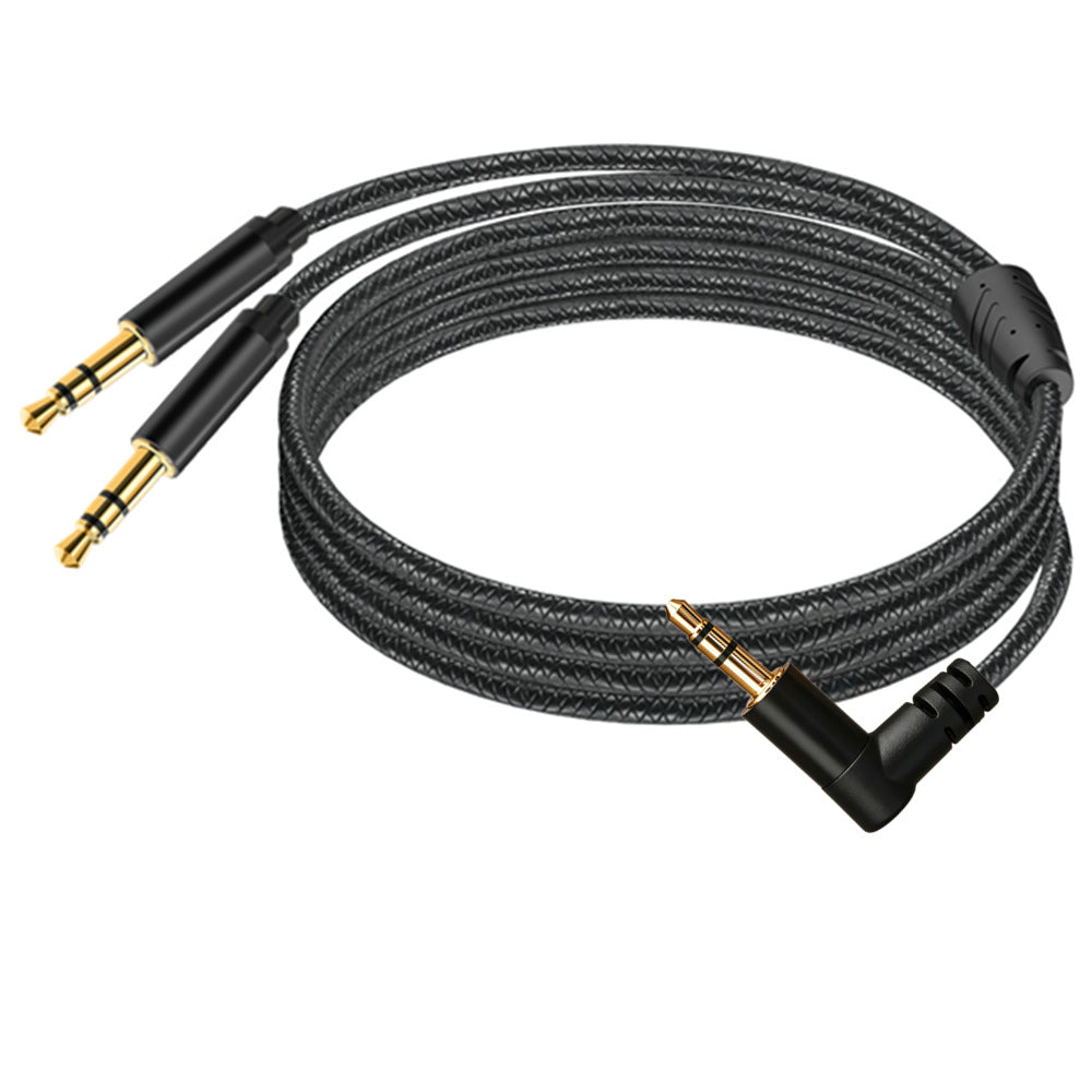 black braided 3.5mm Y cable with one right-angle male plug and two straight male plugs on a white background