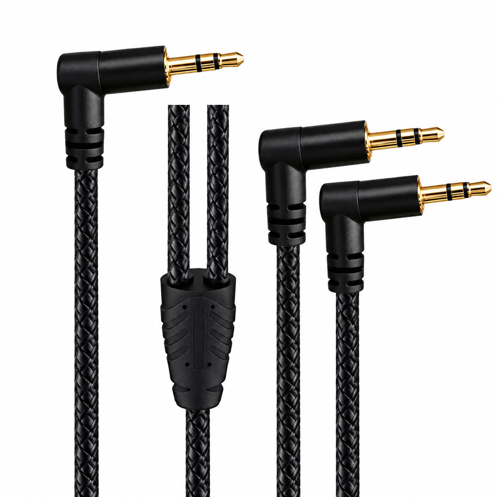 Three right-angle male plugs and the Y junction of a black braided 3.5mm audio cable against a grey background
