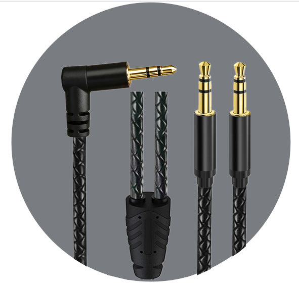 Right-angle and dual straight male plugs on a black braided 3.5mm Y cable, shown against a grey circular background