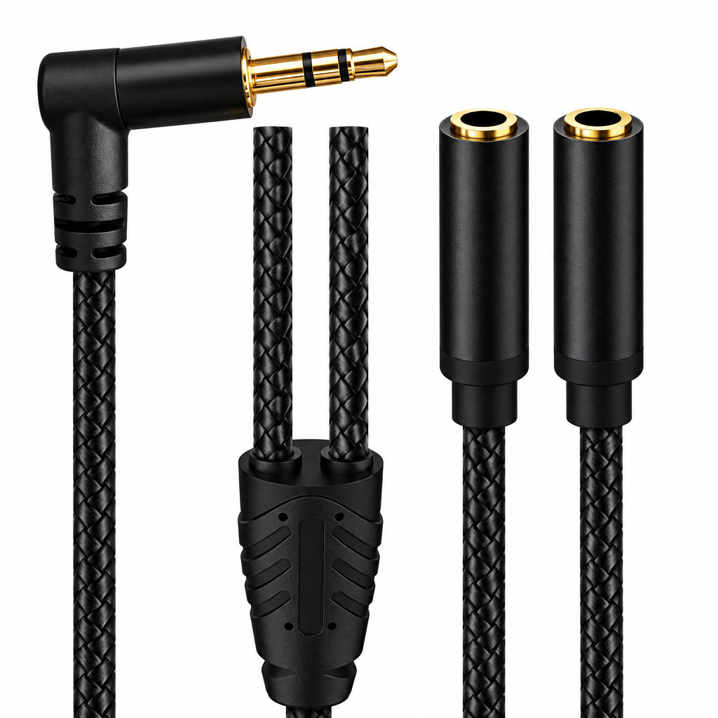 Close-up of a black braided Y cable showing one right-angle TRS male plug, two straight female sockets and the splitter junction